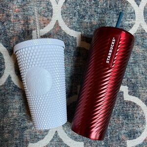 ☕️Starbucks Red Metallic Swirl Tumbler & White Studded Cold Cup Duo☕️
